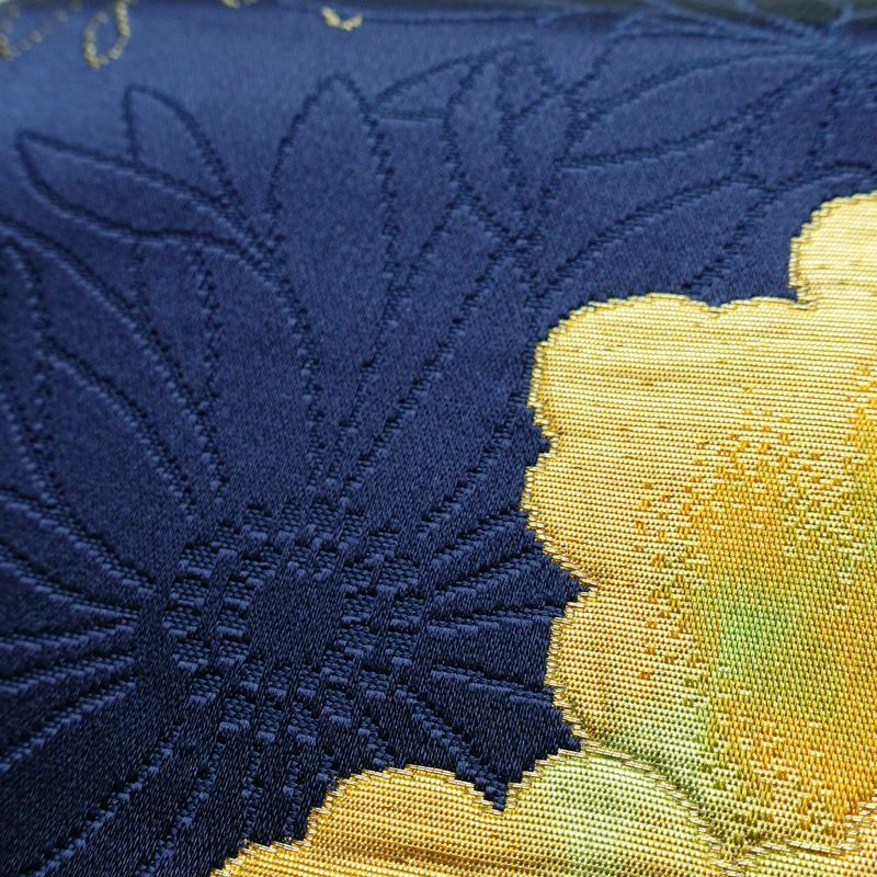 名古屋帯 六通柄 良品 ふくれ織 正絹 花柄 名古屋仕立て なごや帯 リサイクル帯 帯 青・紺_画像5