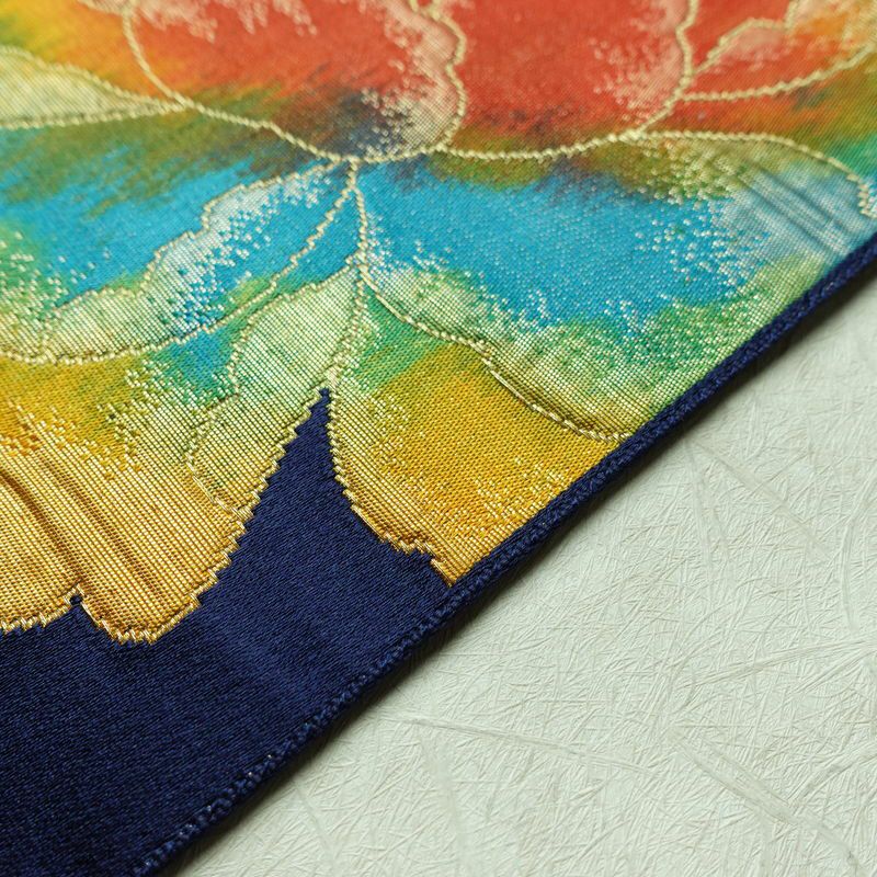 名古屋帯 六通柄 良品 ふくれ織 正絹 花柄 名古屋仕立て なごや帯 リサイクル帯 帯 青・紺_画像12