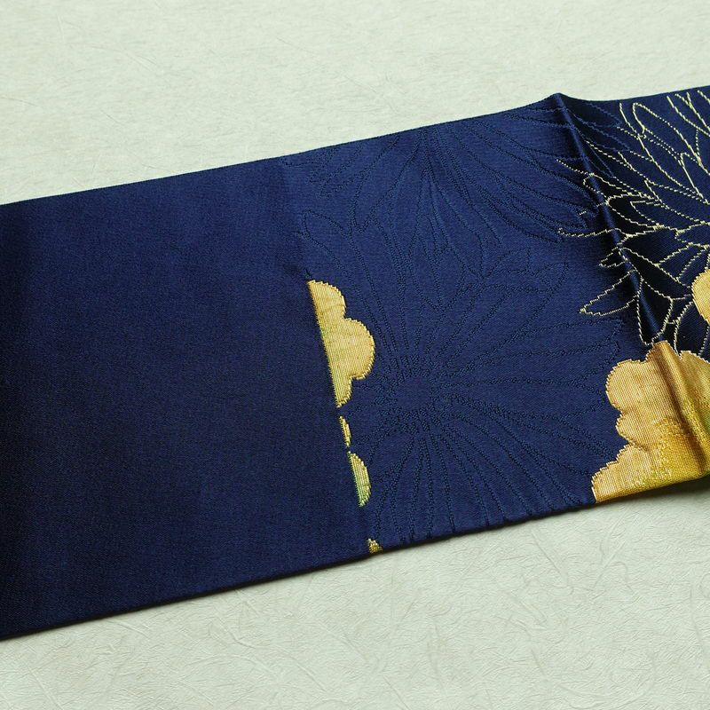 名古屋帯 六通柄 良品 ふくれ織 正絹 花柄 名古屋仕立て なごや帯 リサイクル帯 帯 青・紺_画像15