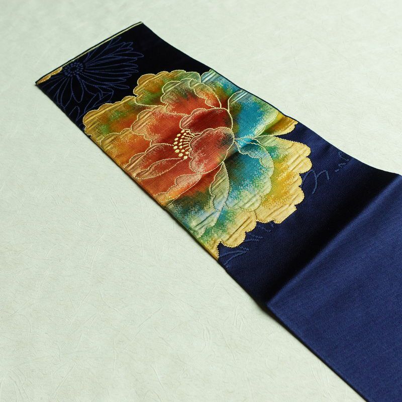 名古屋帯 六通柄 良品 ふくれ織 正絹 花柄 名古屋仕立て なごや帯 リサイクル帯 帯 青・紺_画像16