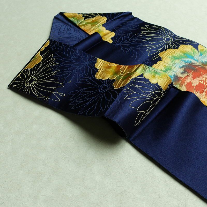 名古屋帯 六通柄 良品 ふくれ織 正絹 花柄 名古屋仕立て なごや帯 リサイクル帯 帯 青・紺_画像20