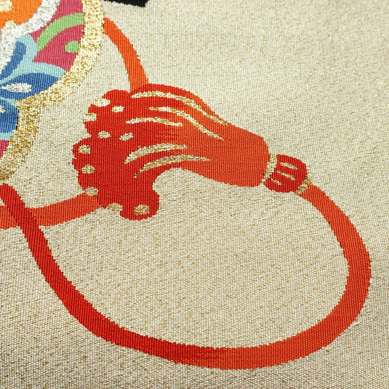 名古屋帯 太鼓柄 良品 つづれ織 正絹 古典柄 松葉仕立て なごや帯 リサイクル帯 帯 金通し クリーム_画像6