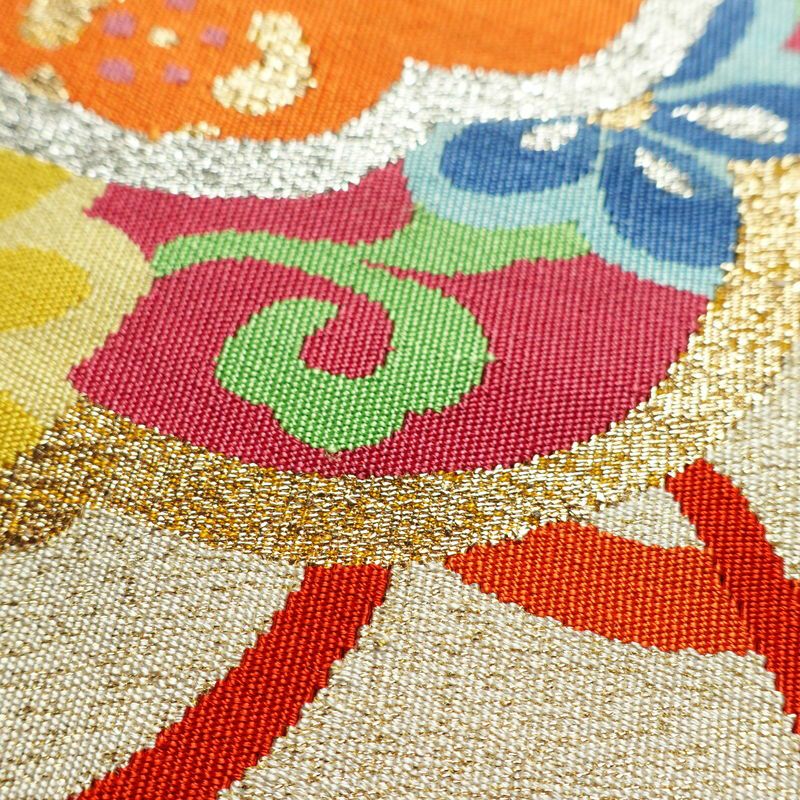 名古屋帯 太鼓柄 良品 つづれ織 正絹 古典柄 松葉仕立て なごや帯 リサイクル帯 帯 金通し クリーム_画像7