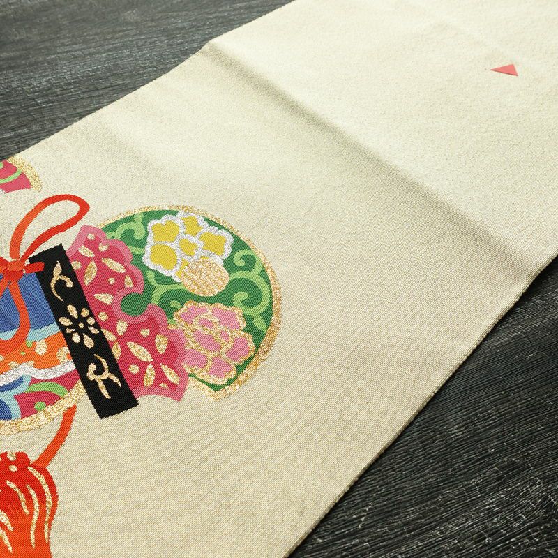 名古屋帯 太鼓柄 良品 つづれ織 正絹 古典柄 松葉仕立て なごや帯 リサイクル帯 帯 金通し クリーム_画像20