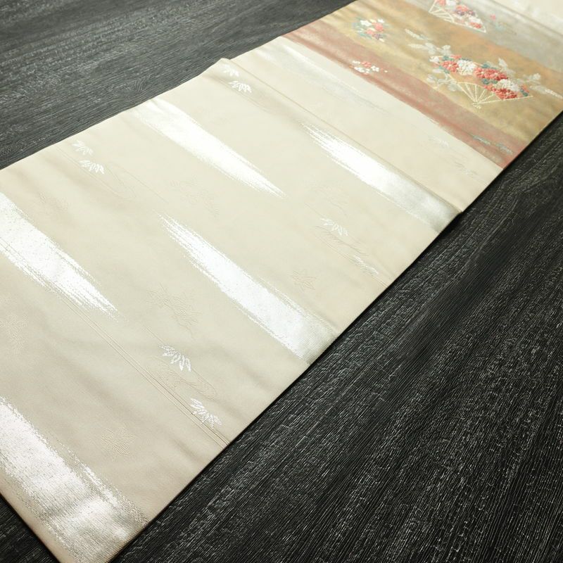 名古屋帯 太鼓柄 良品 正絹 古典柄 名古屋仕立て なごや帯 リサイクル帯 帯 引箔 扇子 ピンク_画像8