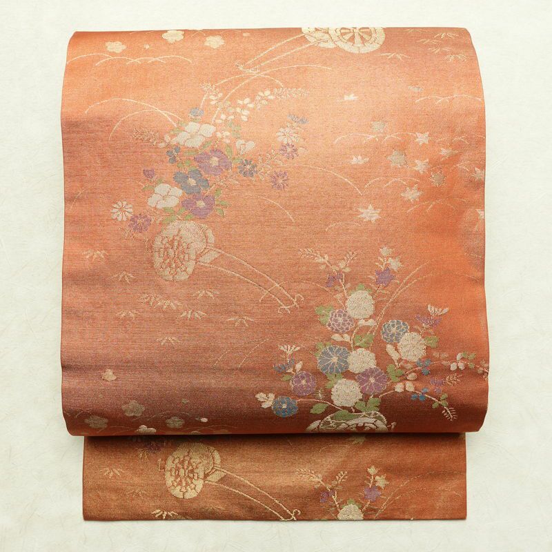 名古屋帯 六通柄 良品 正絹 花柄 名古屋仕立て なごや帯 ポケット付き リサイクル帯 帯 箔 橙_画像1