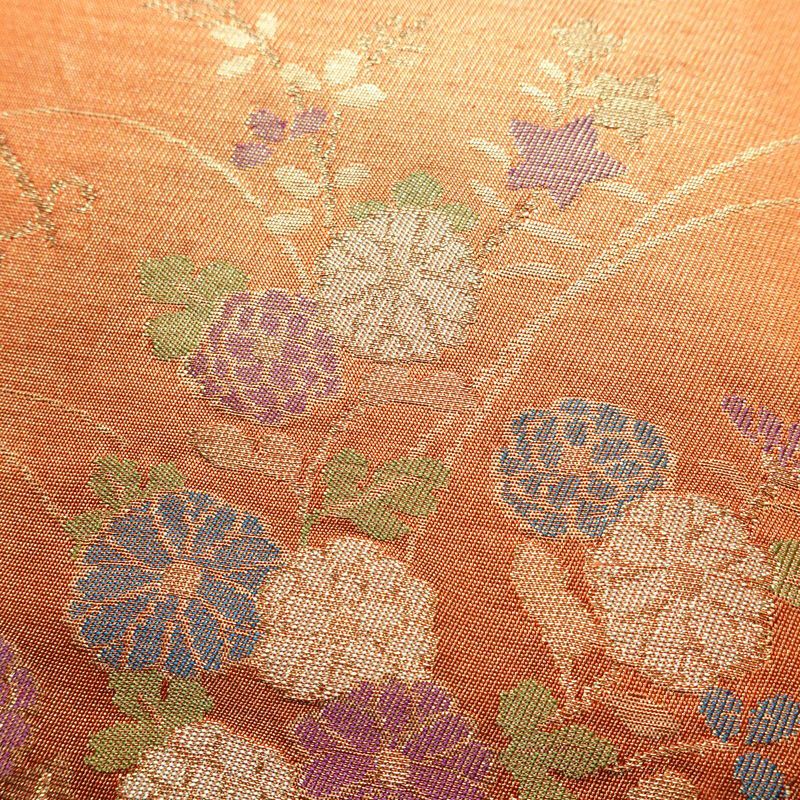 名古屋帯 六通柄 良品 正絹 花柄 名古屋仕立て なごや帯 ポケット付き リサイクル帯 帯 箔 橙_画像3