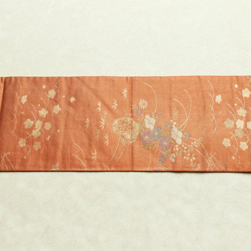 名古屋帯 六通柄 良品 正絹 花柄 名古屋仕立て なごや帯 ポケット付き リサイクル帯 帯 箔 橙_画像13