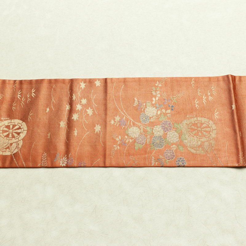 名古屋帯 六通柄 良品 正絹 花柄 名古屋仕立て なごや帯 ポケット付き リサイクル帯 帯 箔 橙_画像14