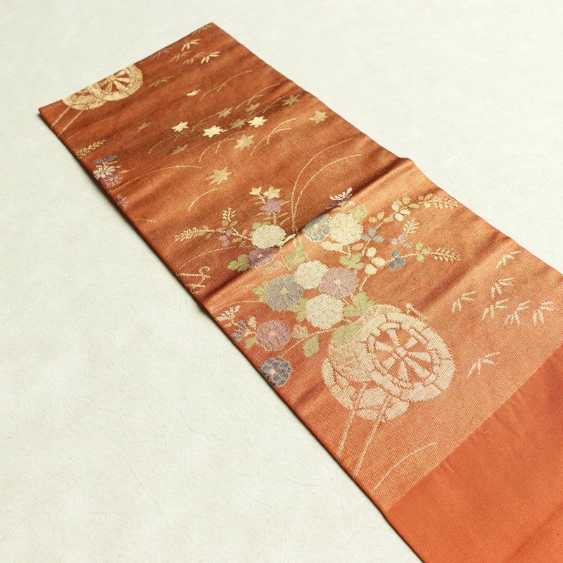 名古屋帯 六通柄 良品 正絹 花柄 名古屋仕立て なごや帯 ポケット付き リサイクル帯 帯 箔 橙_画像16