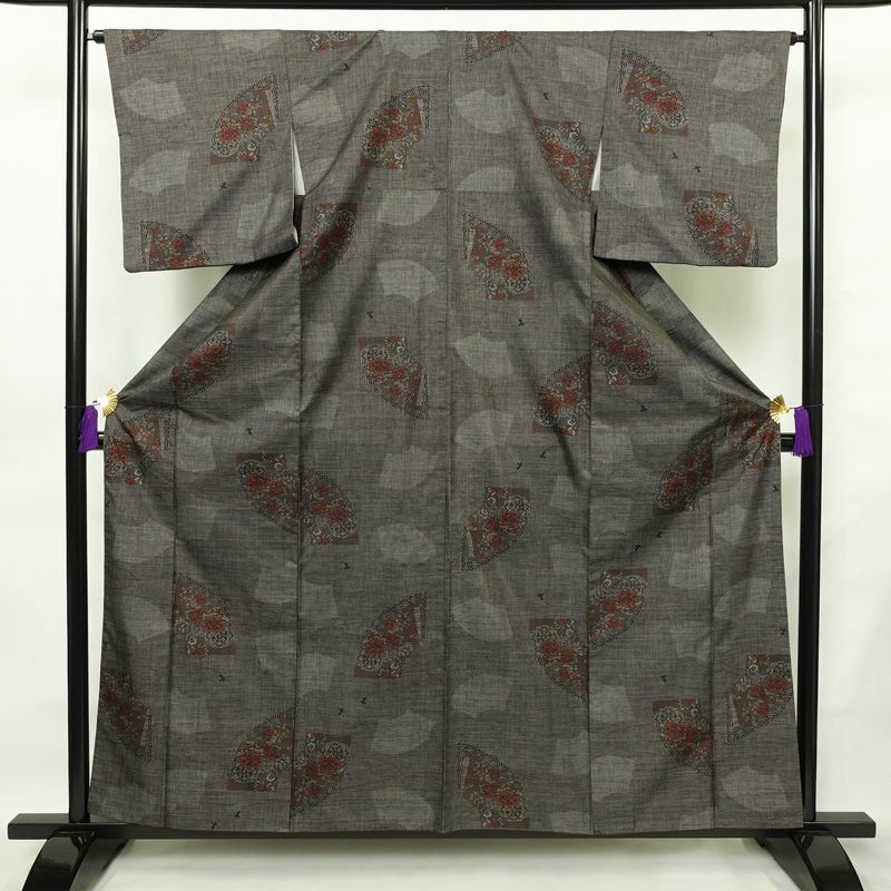 紬 正絹 花柄 袷仕立て 身丈159cm 裄丈64cm リサイクル着物 着物 扇面 茶_画像1
