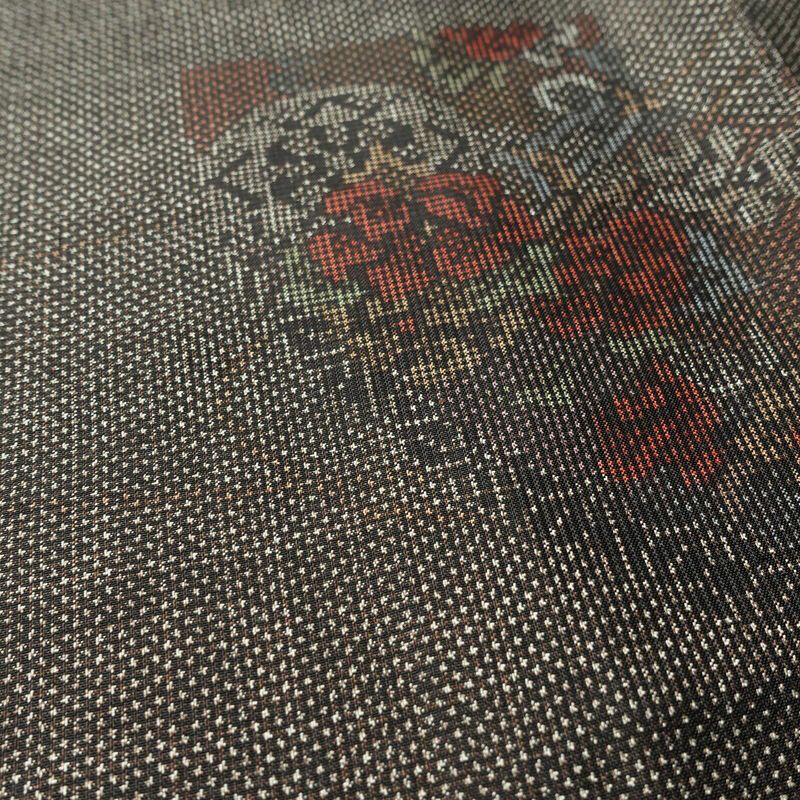 紬 正絹 花柄 袷仕立て 身丈159cm 裄丈64cm リサイクル着物 着物 扇面 茶_画像8