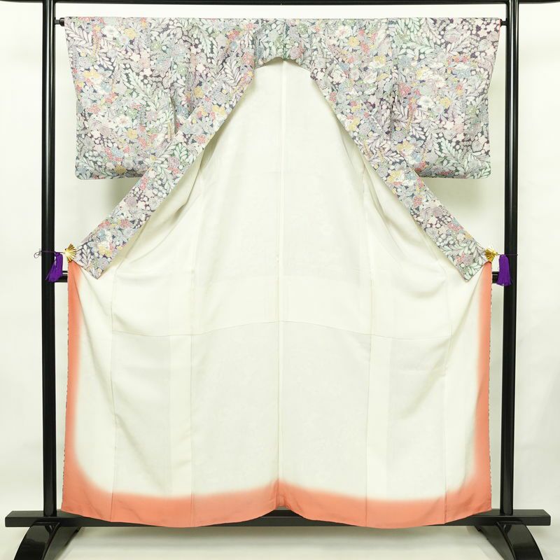 小紋 良品 総柄 正絹 花柄 袷仕立て 身丈158cm 裄丈65cm リサイクル着物 着物 金彩 紫・藤色_画像3