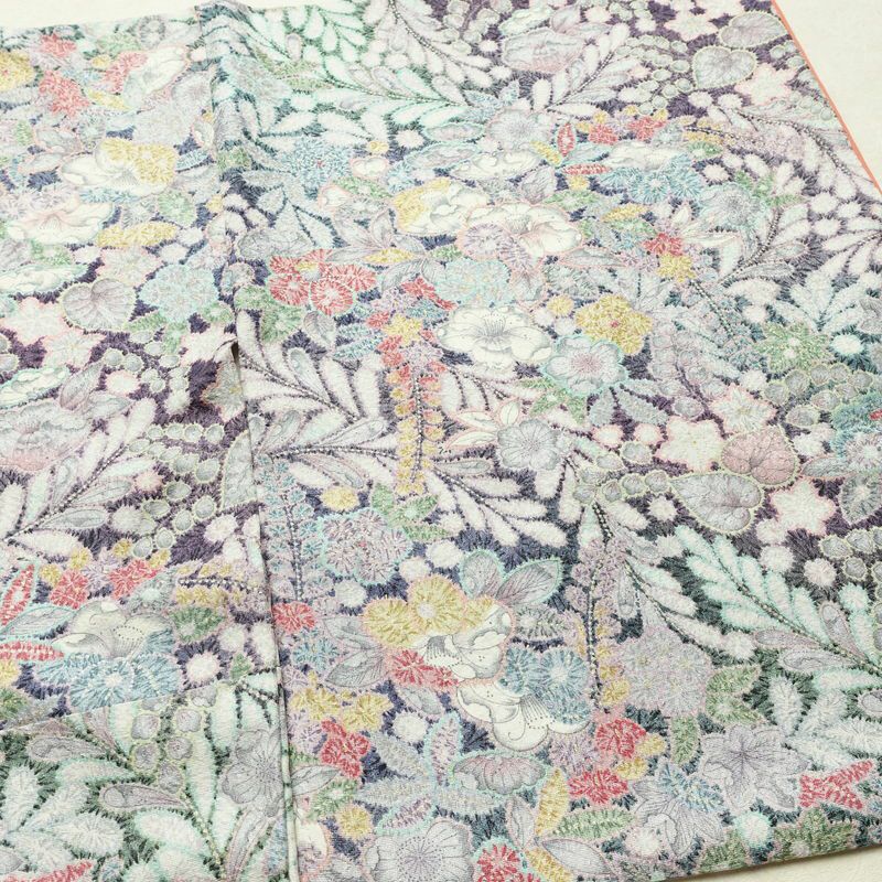 小紋 良品 総柄 正絹 花柄 袷仕立て 身丈158cm 裄丈65cm リサイクル着物 着物 金彩 紫・藤色_画像14