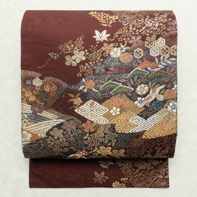 名古屋帯 太鼓柄 良品 正絹 古典柄 名古屋仕立て なごや帯 リサイクル帯 帯 箔 金糸 紅葉 松 小豆・エンジ