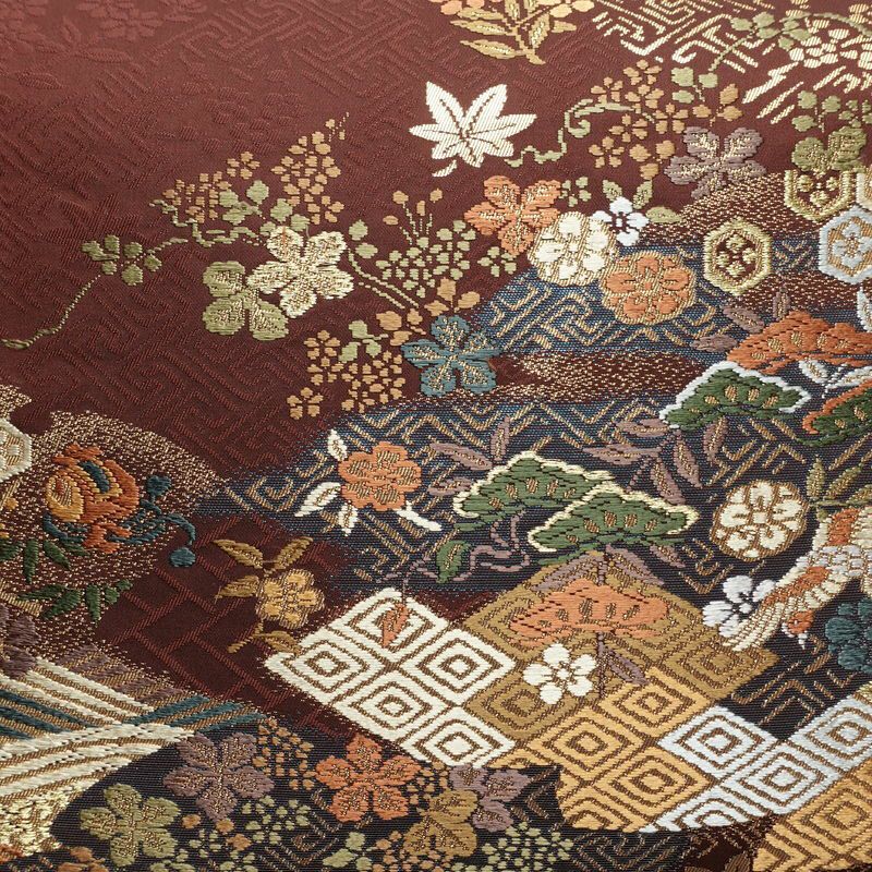 名古屋帯 太鼓柄 良品 正絹 古典柄 名古屋仕立て なごや帯 リサイクル帯 帯 箔 金糸 紅葉 松 小豆・エンジ_画像2