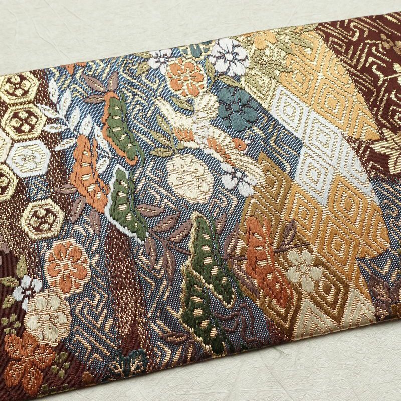 名古屋帯 太鼓柄 良品 正絹 古典柄 名古屋仕立て なごや帯 リサイクル帯 帯 箔 金糸 紅葉 松 小豆・エンジ_画像15
