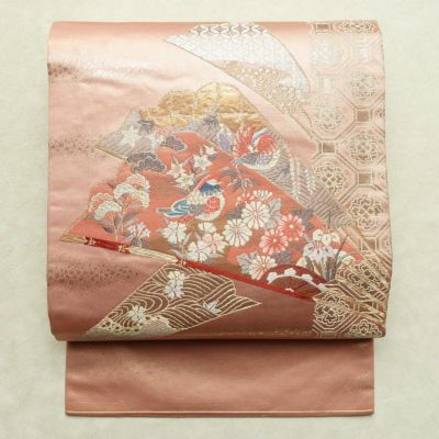 名古屋帯 本金箔 二重織 太鼓柄 正絹 古典柄 名古屋仕立て なごや帯 リサイクル帯 帯 箔 扇子 松 菊 ピンク