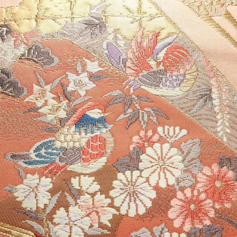 名古屋帯 本金箔 二重織 太鼓柄 正絹 古典柄 名古屋仕立て なごや帯 リサイクル帯 帯 箔 扇子 松 菊 ピンク_画像3