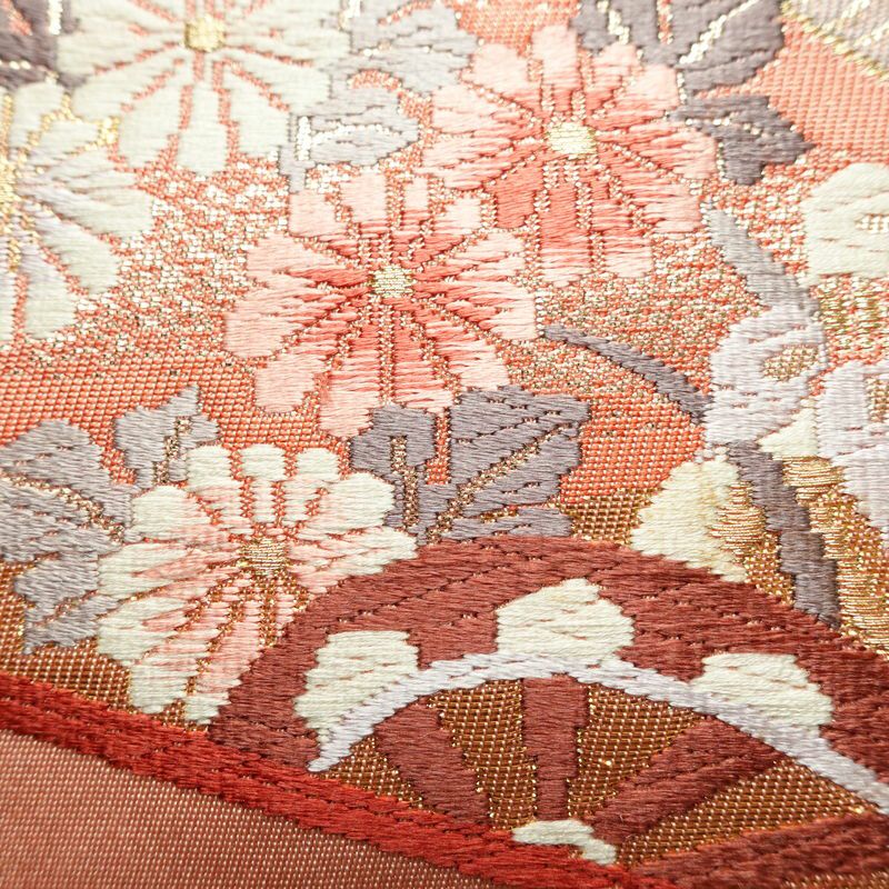 名古屋帯 本金箔 二重織 太鼓柄 正絹 古典柄 名古屋仕立て なごや帯 リサイクル帯 帯 箔 扇子 松 菊 ピンク_画像6