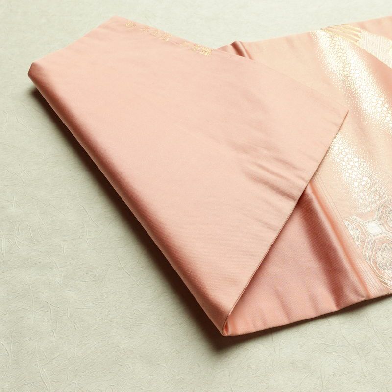 名古屋帯 本金箔 二重織 太鼓柄 正絹 古典柄 名古屋仕立て なごや帯 リサイクル帯 帯 箔 扇子 松 菊 ピンク_画像11