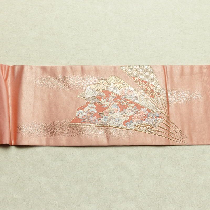 名古屋帯 本金箔 二重織 太鼓柄 正絹 古典柄 名古屋仕立て なごや帯 リサイクル帯 帯 箔 扇子 松 菊 ピンク_画像13