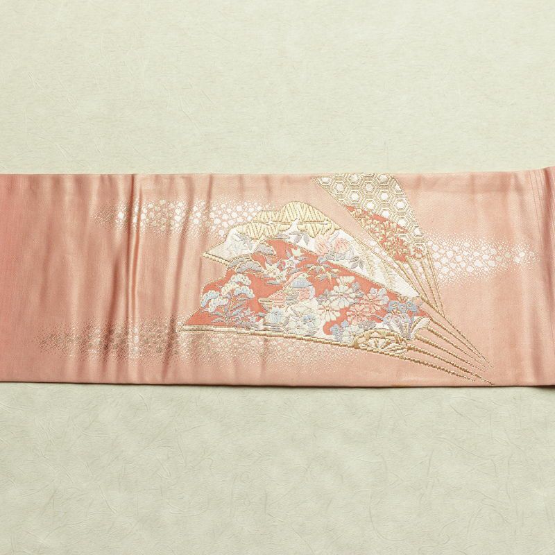 名古屋帯 本金箔 二重織 太鼓柄 正絹 古典柄 名古屋仕立て なごや帯 リサイクル帯 帯 箔 扇子 松 菊 ピンク_画像14