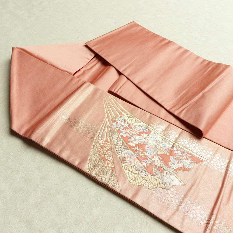 名古屋帯 本金箔 二重織 太鼓柄 正絹 古典柄 名古屋仕立て なごや帯 リサイクル帯 帯 箔 扇子 松 菊 ピンク_画像21