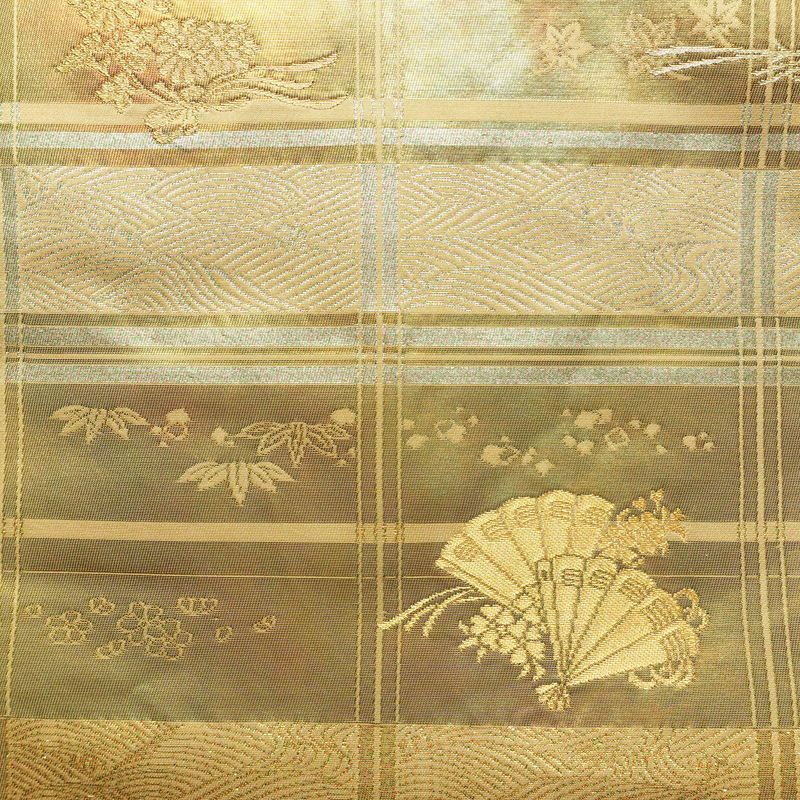 名古屋帯 六通柄 良品 正絹 古典柄 名古屋仕立て なごや帯 リサイクル帯 帯 箔 引箔 扇子 ベージュ_画像2