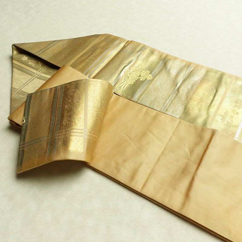 名古屋帯 六通柄 良品 正絹 古典柄 名古屋仕立て なごや帯 リサイクル帯 帯 箔 引箔 扇子 ベージュ_画像21