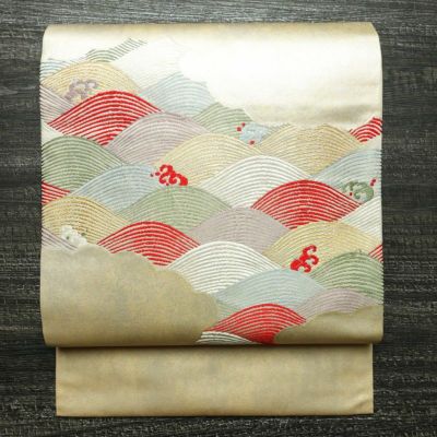名古屋帯 太鼓柄 良品 正絹 流水・波柄 名古屋仕立て なごや帯 リサイクル帯 帯 引箔 金糸 クリーム