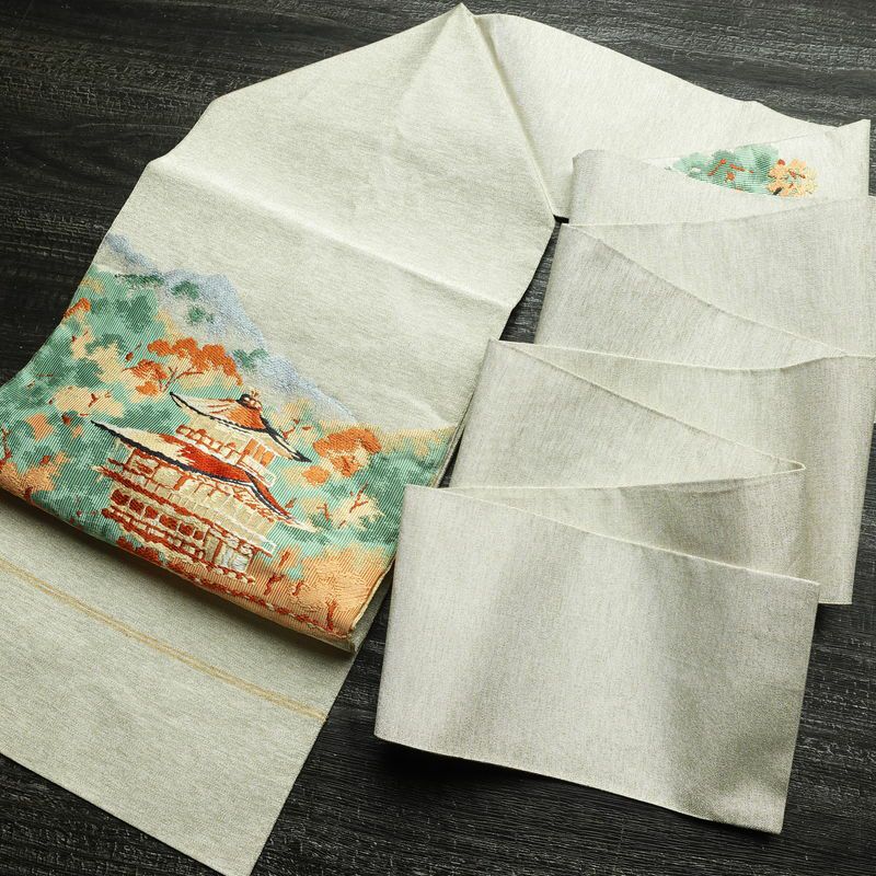 名古屋帯 太鼓柄 良品 正絹 風景柄 名古屋仕立て なごや帯 リサイクル帯 帯 刺繍 金糸 銀糸 金・銀_画像16