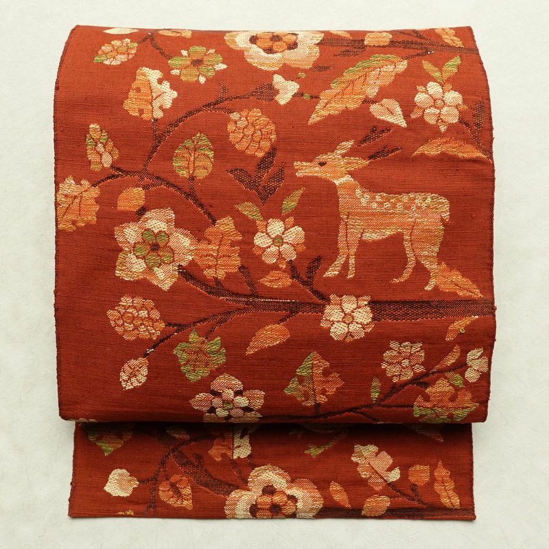 名古屋帯 六通柄 良品 正絹 人物・動物柄 松葉仕立て なごや帯 リサイクル帯 帯 紬地 橙_画像1