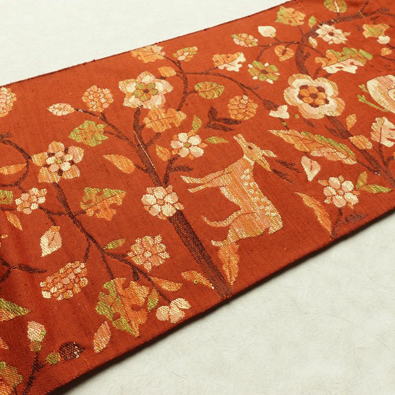 名古屋帯 六通柄 良品 正絹 人物・動物柄 松葉仕立て なごや帯 リサイクル帯 帯 紬地 橙_画像12