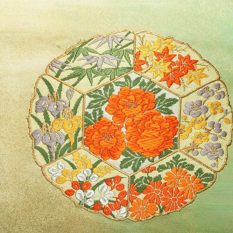 名古屋帯 太鼓柄 正絹 花柄 名古屋仕立て なごや帯 リサイクル帯 帯 刺繍 金糸 紅葉 菖蒲 白_画像2