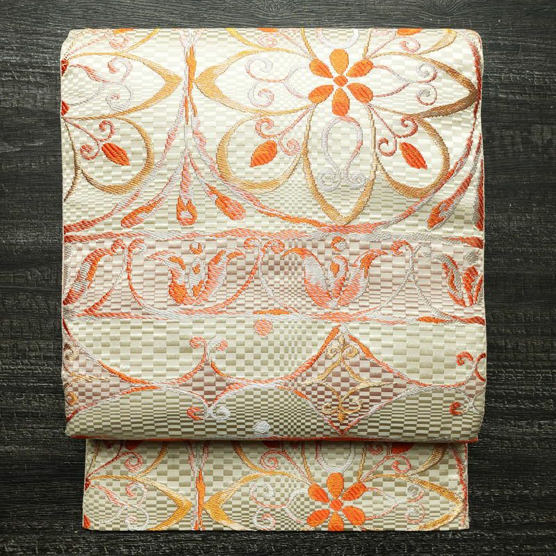 名古屋帯 六通柄 良品 正絹 幾何学柄・抽象柄 名古屋仕立て なごや帯 リサイクル帯 帯 クリーム_画像1