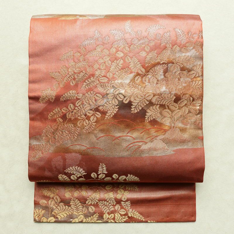 名古屋帯 六通柄 正絹 木の葉・植物柄 名古屋仕立て なごや帯 リサイクル帯 帯 箔 赤・朱_画像1