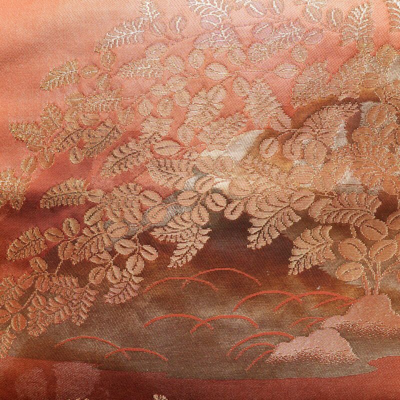 名古屋帯 六通柄 正絹 木の葉・植物柄 名古屋仕立て なごや帯 リサイクル帯 帯 箔 赤・朱_画像2