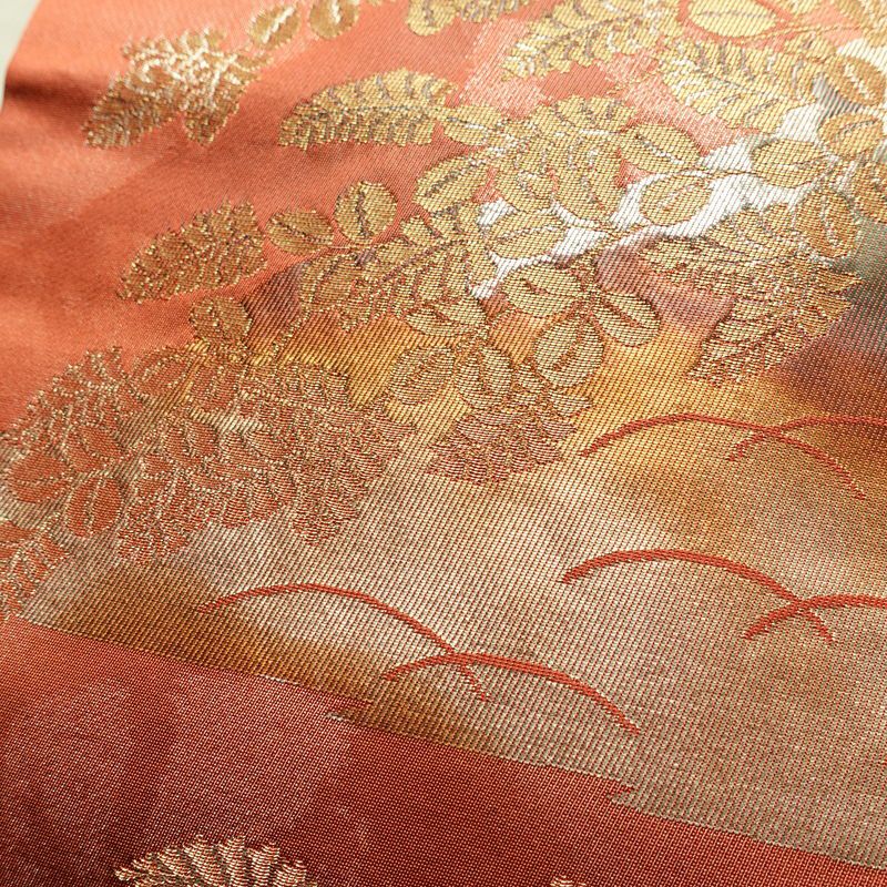 名古屋帯 六通柄 正絹 木の葉・植物柄 名古屋仕立て なごや帯 リサイクル帯 帯 箔 赤・朱_画像6