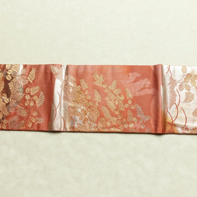 名古屋帯 六通柄 正絹 木の葉・植物柄 名古屋仕立て なごや帯 リサイクル帯 帯 箔 赤・朱_画像14