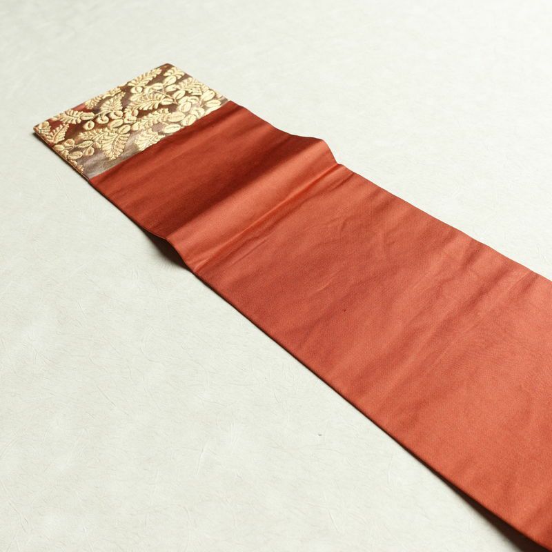 名古屋帯 六通柄 正絹 木の葉・植物柄 名古屋仕立て なごや帯 リサイクル帯 帯 箔 赤・朱_画像16