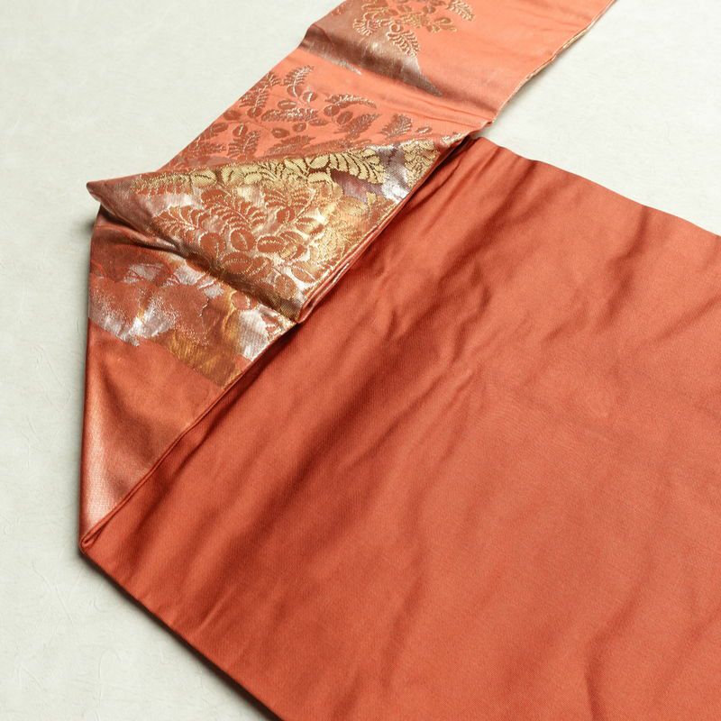 名古屋帯 六通柄 正絹 木の葉・植物柄 名古屋仕立て なごや帯 リサイクル帯 帯 箔 赤・朱_画像19