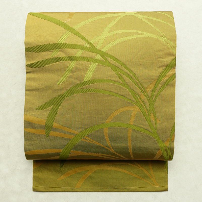 名古屋帯 六通柄 正絹 木の葉・植物柄 名古屋仕立て なごや帯 リサイクル帯 帯 黄・黄土色_画像1