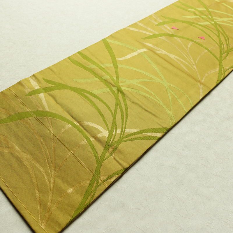 名古屋帯 六通柄 正絹 木の葉・植物柄 名古屋仕立て なごや帯 リサイクル帯 帯 黄・黄土色_画像8