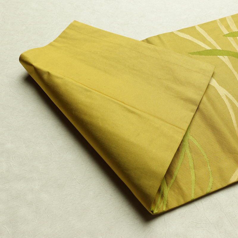 名古屋帯 六通柄 正絹 木の葉・植物柄 名古屋仕立て なごや帯 リサイクル帯 帯 黄・黄土色_画像10