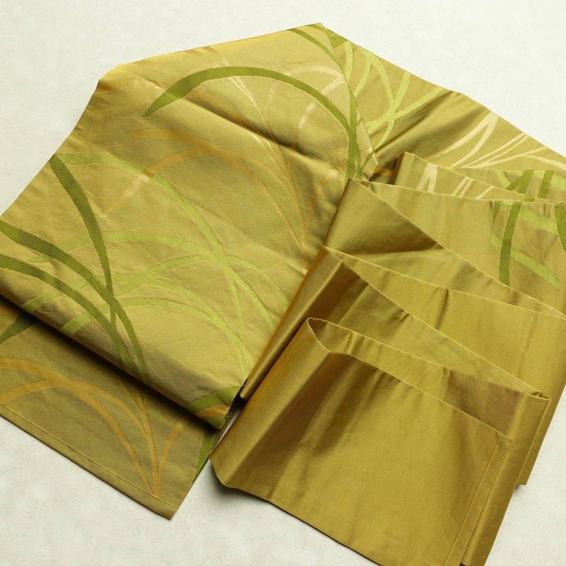 名古屋帯 六通柄 正絹 木の葉・植物柄 名古屋仕立て なごや帯 リサイクル帯 帯 黄・黄土色_画像18