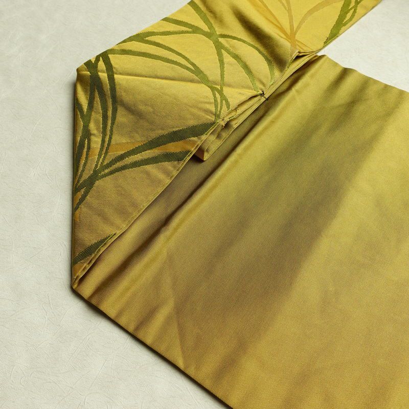 名古屋帯 六通柄 正絹 木の葉・植物柄 名古屋仕立て なごや帯 リサイクル帯 帯 黄・黄土色_画像19