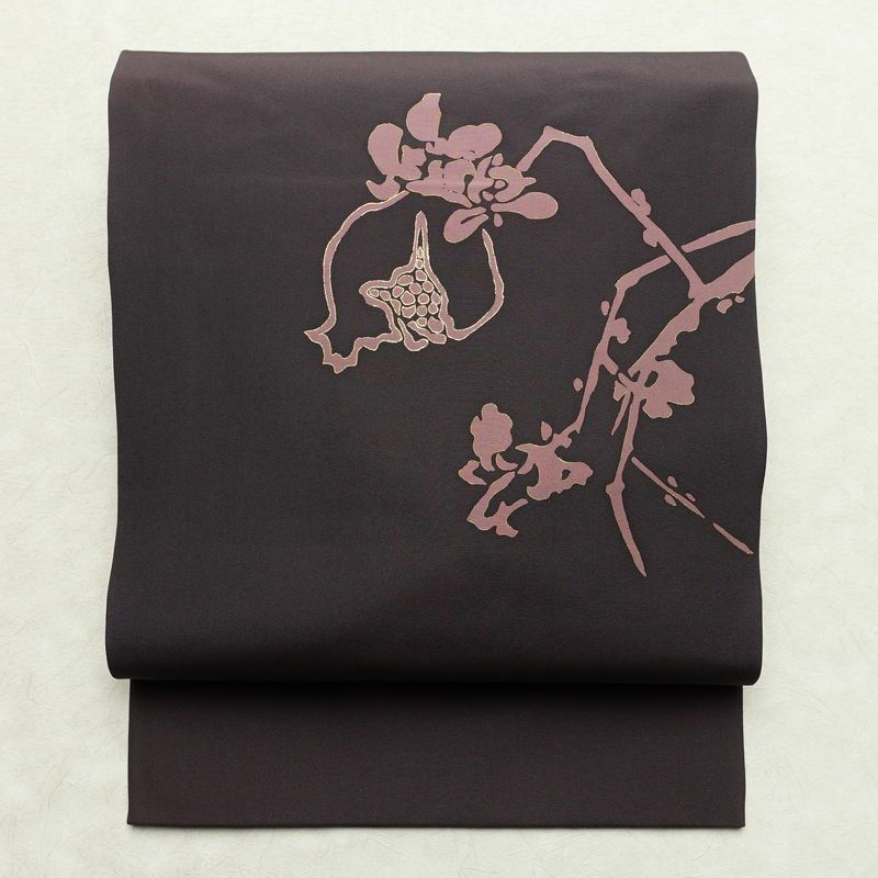 名古屋帯 太鼓柄 正絹 木の葉・植物柄 名古屋仕立て なごや帯 リサイクル帯 帯 金彩 紫・藤色_画像1