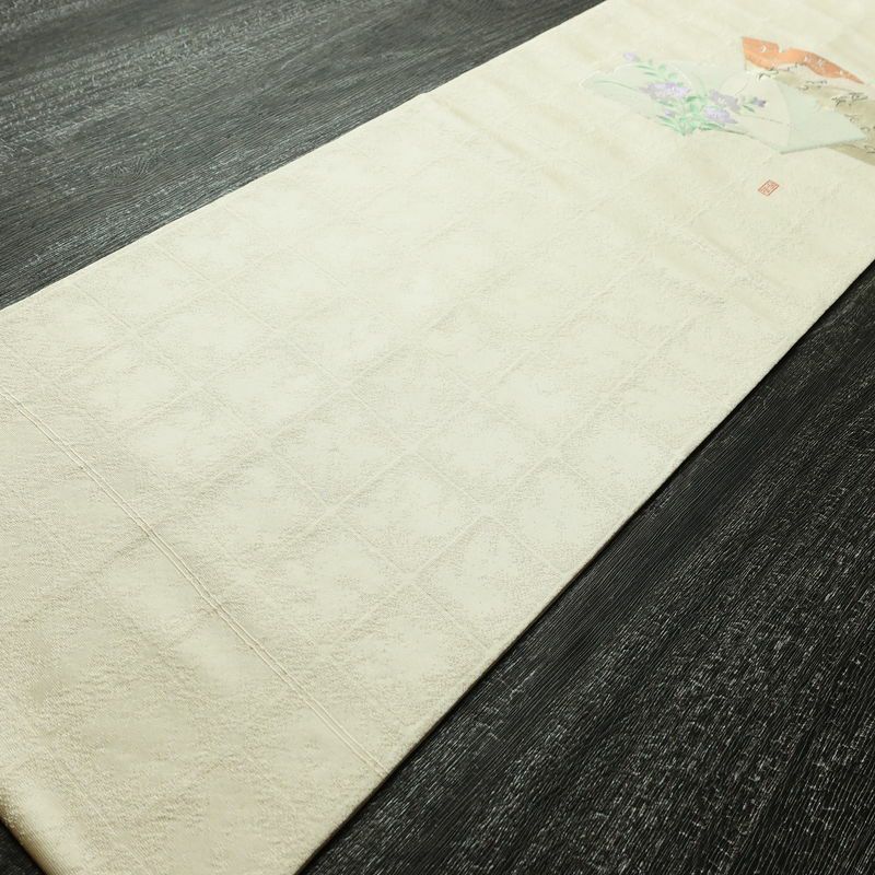 名古屋帯 太鼓柄 良品 落款入り 正絹 古典柄 名古屋仕立て なごや帯 リサイクル帯 帯 銀糸 扇面 白_画像8