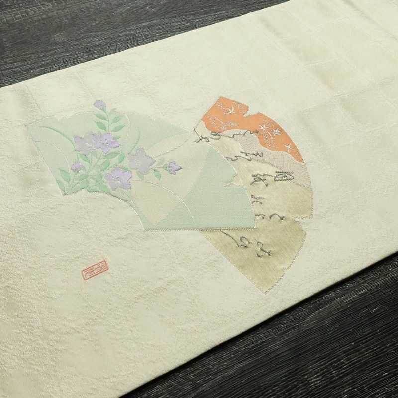 名古屋帯 太鼓柄 良品 落款入り 正絹 古典柄 名古屋仕立て なごや帯 リサイクル帯 帯 銀糸 扇面 白_画像11